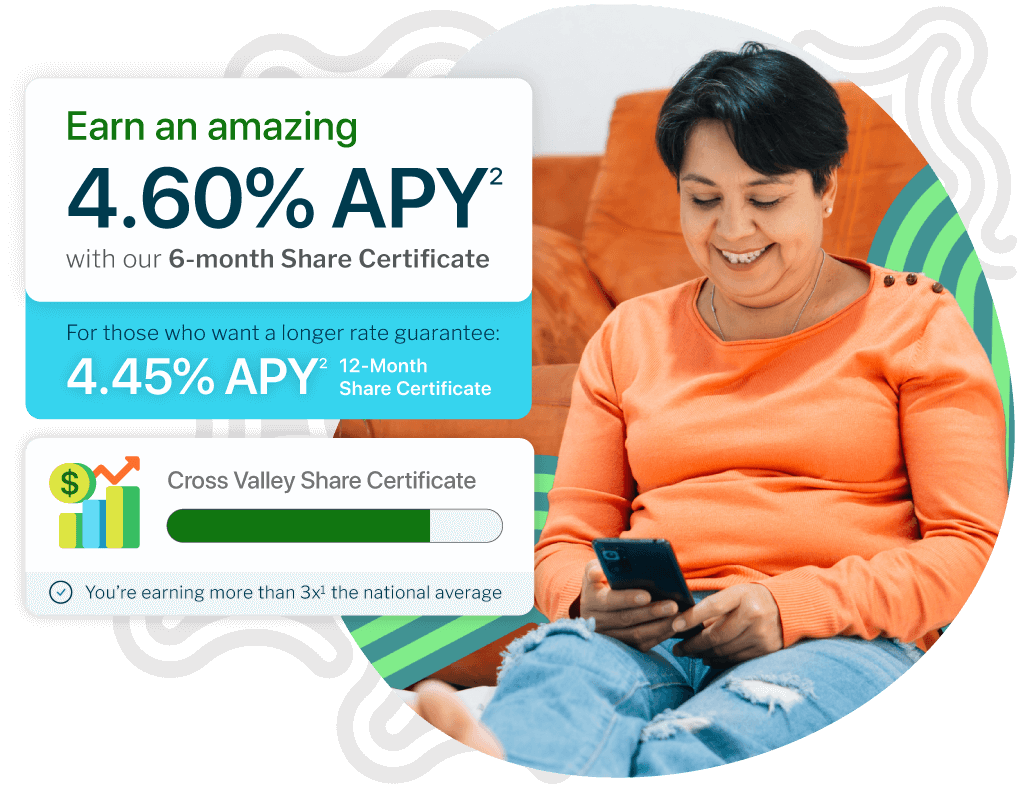 Earn an amazing 4.60% APY with our 6-month Share Certificate. For those wanting a longer rate guarantee: 4.45% APY (12-Month Share Certificate). [desktop]